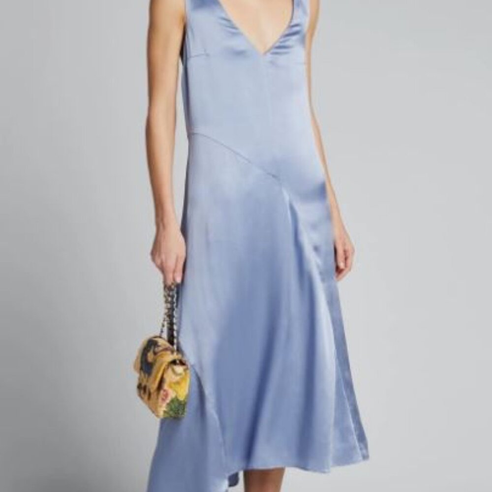 Vince Women Double V-Neck Asymmetric Seamed Slip silk Dress Blue Size XS